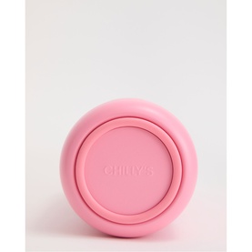 Chilly's Water Bottle in Lotus pink, viewed from above showing circular lid with embossed Chilly's branding