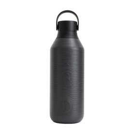 Black insulated water bottle with wood-grain texture finish, loop carry handle on lid, tall cylindrical shape