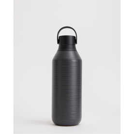 Dark grey textured insulated water bottle with looped carry handle on lid, ribbed matte finish
