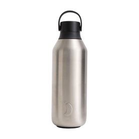 Chilly's stainless steel insulated water bottle in brushed silver with black loop-carry lid and engraved logo