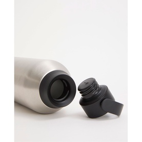 Stainless steel water bottle with black screw cap shown unlidded, detailing insulated opening and carry loop