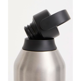 Stainless steel insulated water bottle with black screw-top lid, close-up detail shot showing cap and bottle neck