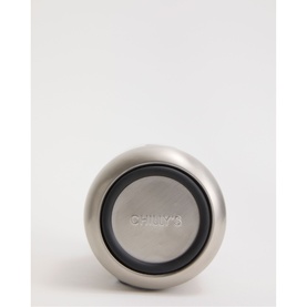 Chilly's water bottle viewed from above, brushed steel finish with black rubber seal and embossed logo on lid