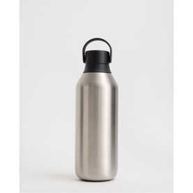 Stainless steel insulated water bottle with black loop-handle lid, brushed silver finish, large capacity