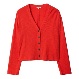 Jigsaw red V-neck cardigan with dark buttons and cropped fit, long sleeves, fine knit texture