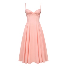 House of CB peach midi dress with sweetheart neckline, ruched bust detail, thin straps, and full A-line skirt