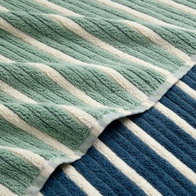 Christys bath towelling in multi colourway, showing teal and navy striped textured cotton fabric close-up detail