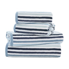 Deyongs Linear Stripe Towel Blue, 100% cotton, navy and light blue striped set of four folded towels