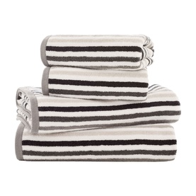 Deyongs Linear Stripe Towel Chrome, 100% cotton, in chrome with bold black and white stripes, shown as a set of four folded towels.