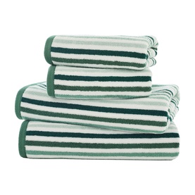 Deyongs Linear Stripe Towel Green, set of four folded towels in green and white stripe, 100% cotton