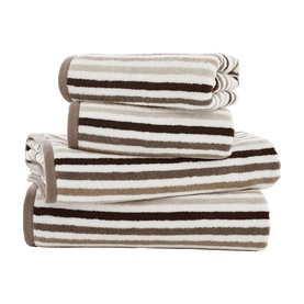 Deyongs Linear Stripe Towel Natural, set of four 100% cotton towels in natural and brown horizontal stripes, folded and stacked.