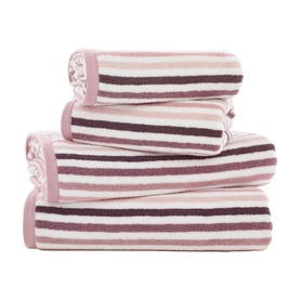 Deyongs Linear Stripe Towel Pink, set of four folded towels in pink, plum and cream horizontal stripes, 100% cotton