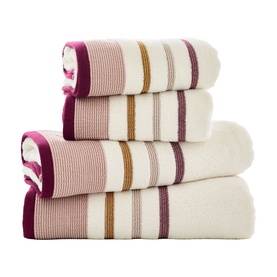 Deyongs Portland Stripe Jewells towel set in cream with berry, gold and pink stripes, stacked in four pieces, 100% cotton