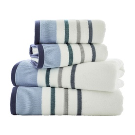 Deyongs Portland Stripe Towel Oceanic, stack of five white cotton towels with navy and teal stripe borders