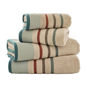Deyongs Portland Stripe Towel Woodland, stacked set of four sandy beige cotton towels with teal and rust stripe borders.