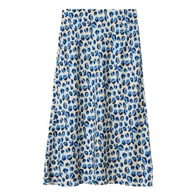 Jigsaw blue leopard print midi skirt with flared silhouette and elasticated waistband, flat lay view