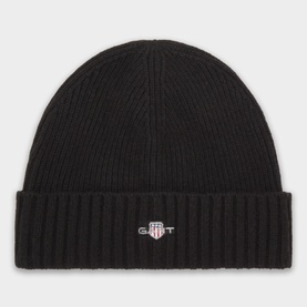 Gant black wool blend ribbed knit beanie hat with folded cuff and embroidered shield logo badge