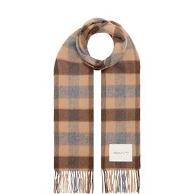 Gant Warm Khaki check wool scarf with fringed ends and branded patch label, rolled flat on white background.
