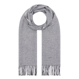 Gant wool scarf in Evening Blue, coiled display showing full length with fringed ends and branded tab detail