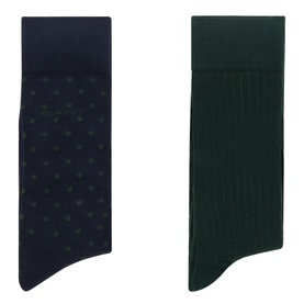 Gant Evening Blue Socks Multi Pack, two-pack featuring navy dot-pattern and dark green ribbed adult socks