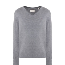 Gant Dark Grey Melange cotton V-neck jumper with small embroidered logo on chest, ribbed cuffs and hem