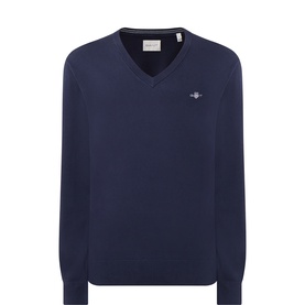 Gant Evening Blue cotton V-neck jumper with embroidered logo chest badge and ribbed cuffs and hem