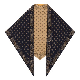 Guest In Residence multi-coloured cotton-silk scarf with navy and tan paisley print, diamond-shaped flat lay