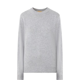 Guest In Residence heather grey 100% cashmere crew-neck sweater with long sleeves, relaxed fit, flat lay product shot