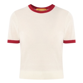 Guest In Residence Airy Ringer T-Shirt in cream cashmere with contrast red ribbed neckline, cuffs, and hemline trim.