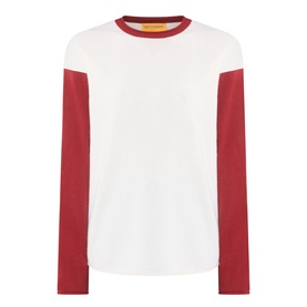 Guest In Residence cashmere long-sleeve T-shirt in white with contrast red sleeves and crew neck trim, flat lay