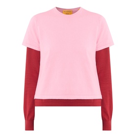 Guest In Residence Double Layer Top in pink, two-tone design with red ribbed sleeves and hemline, round neckline