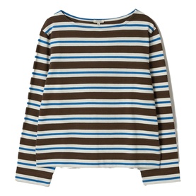 Jigsaw brown striped long-sleeve boat-neck top with blue and white horizontal stripes, relaxed fit