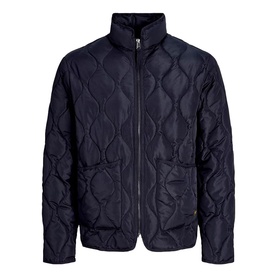 Jack & Jones Dark Navy quilted casual jacket with funnel neck, zip fastening, and front patch pockets