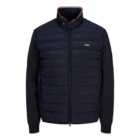 Jack & Jones Dark Navy casual jacket with quilted front panel, knit sleeves, zip fastening, and contrast striped collar trim.