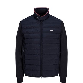 Jack & Jones Dark Navy casual jacket with quilted front panel, knit sleeves, zip fastening, and contrast striped collar trim.