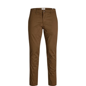 Jack & Jones slim-fit chino trousers in tan brown with a flat front, belt loops, and concealed button fastening