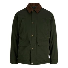 Dark green jacket with brown corduroy collar, snap button fastening, and two front patch pockets