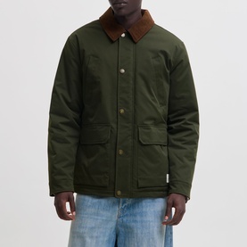Model wearing Jack & Jones Norrebro Padded Barn Jacket in Rosin with contrast brown corduroy collar, button fastenings and patch pockets, styled with