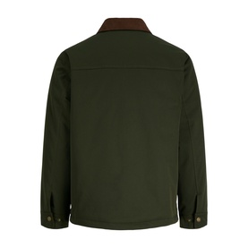 Dark olive green jacket with brown collar, rear view, snap button cuffs and panelled back detail