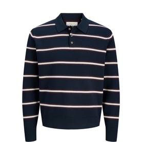 Jack & Jones knitted polo in Sky Captain navy with pink and white horizontal stripes, polo collar, and button placket