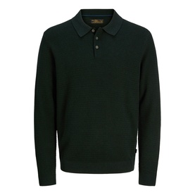 Dark green knitted polo sweatshirt with ribbed collar, three-button placket, and long sleeves, on white background