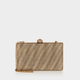 Kurt Geiger beige fabric clutch bag with diagonal crystal embellishment, gold-tone frame clasp and chain strap