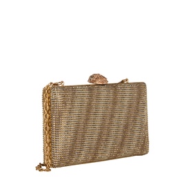 Kurt Geiger beige fabric clutch bag with gold-tone chain strap and crystal embellished clasp closure, side angle view