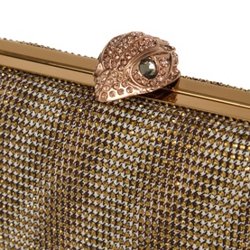 Kurt Geiger beige fabric clutch bag with all-over crystal embellishment and gold-tone frame closure with snake-head clasp detail