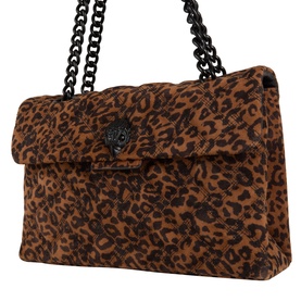 Kurt Geiger brown leopard-print suede crossbody bag with quilted flap, gunmetal eagle clasp and black chain straps