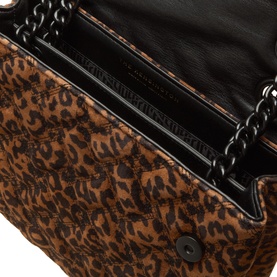Kurt Geiger brown leopard-print suede crossbody bag, open interior view showing black quilted lining and chain strap detail