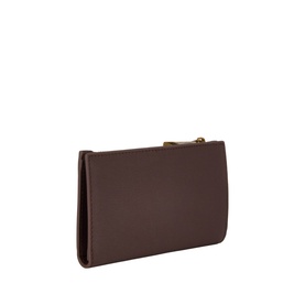 Kurt Geiger brown leather small wallet with gold-tone zip fastening, structured rectangular silhouette, angled side view