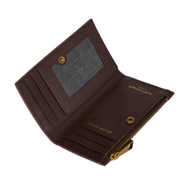 Kurt Geiger brown leather small wallet open, showing card slots, clear ID window, zip coin compartment and gold-tone hardware interior