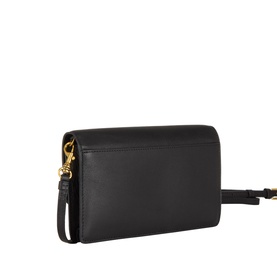 Kurt Geiger black leather crossbody bag, rear view, gold-tone lobster clasp and detachable shoulder strap