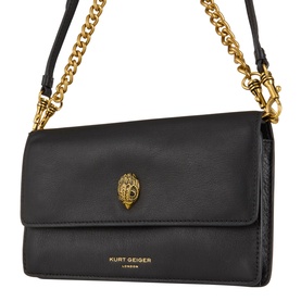 Kurt Geiger black leather crossbody bag with gold chain strap and signature eagle emblem on flap closure.